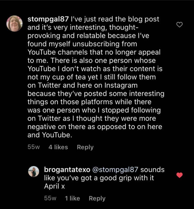 Comments on Brogan's Insta post