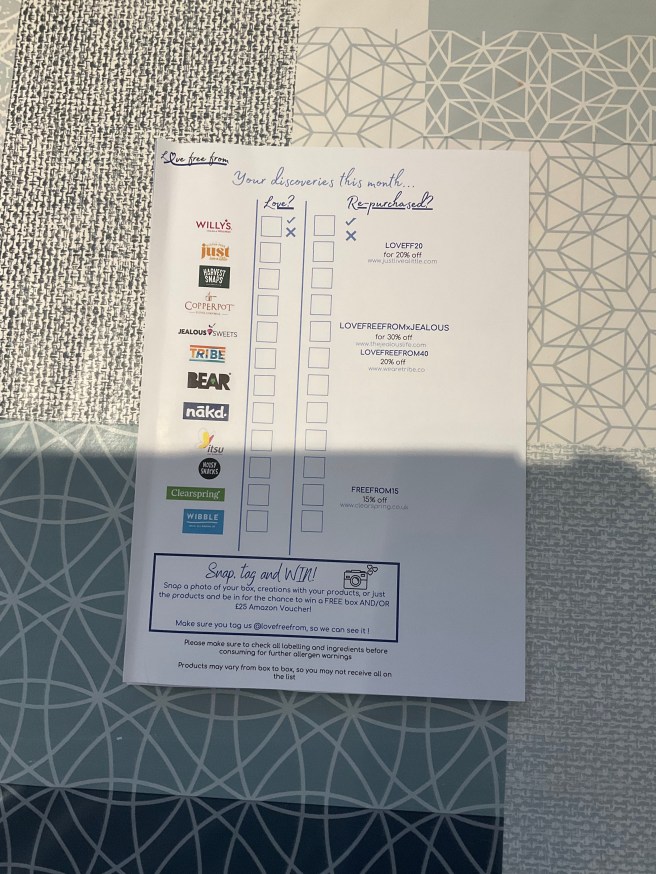 The back of the March 2024 Love Free From box is lying on a tablecloth with duck egg colour scheme patterns.