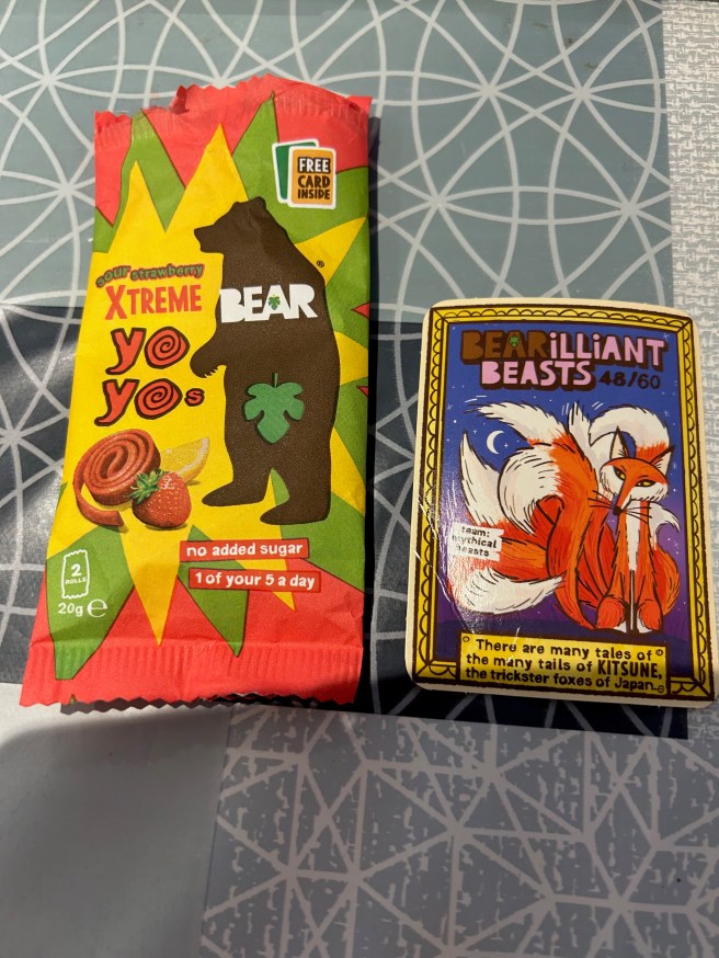 The empty packet for Bear Xtreme Yo Yos and a trading card lie on a tablecloth with duck egg colour scheme patterns.
